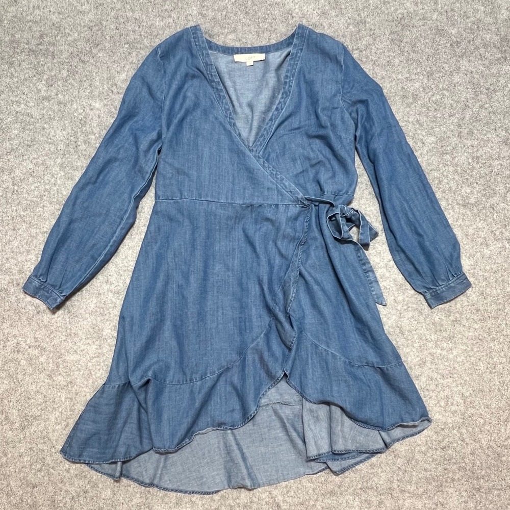 LOFT Blue Chambray Lyocell Linen Blend Ruffle Wrap Dress Size 8 Long Sleeve - Picture 2 of 8